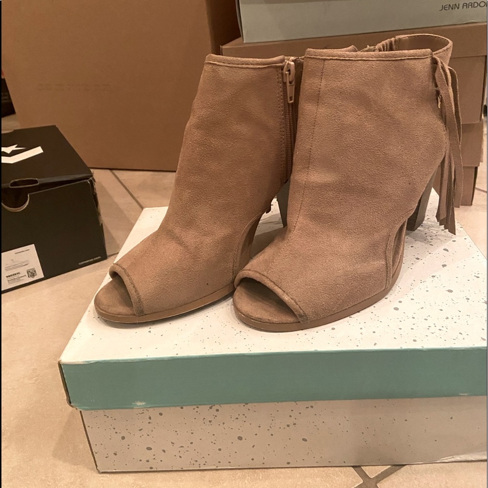 Suede Camel Peep Toe Ankle Boot With Side Fringe - image 1